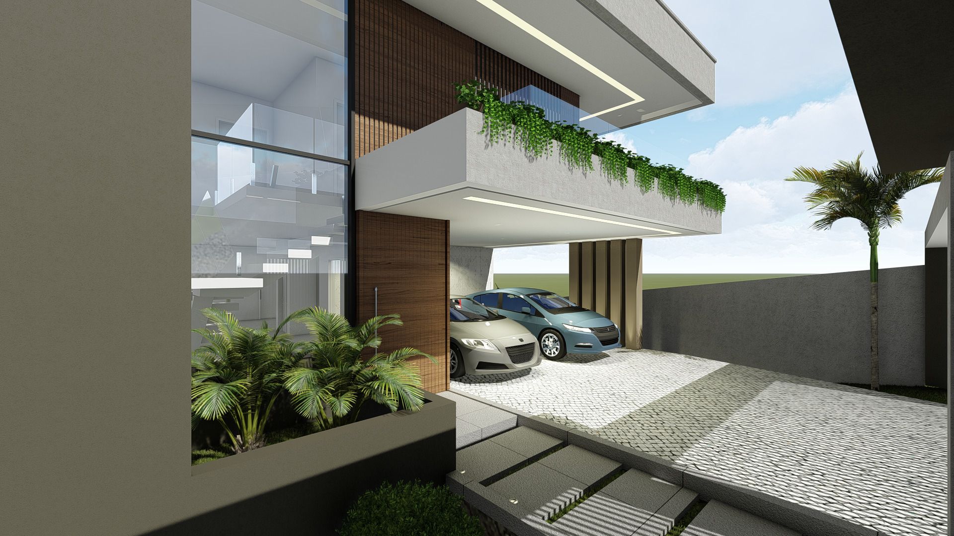 Fachada moderna de dois andares com linhas retas e telhado embutido