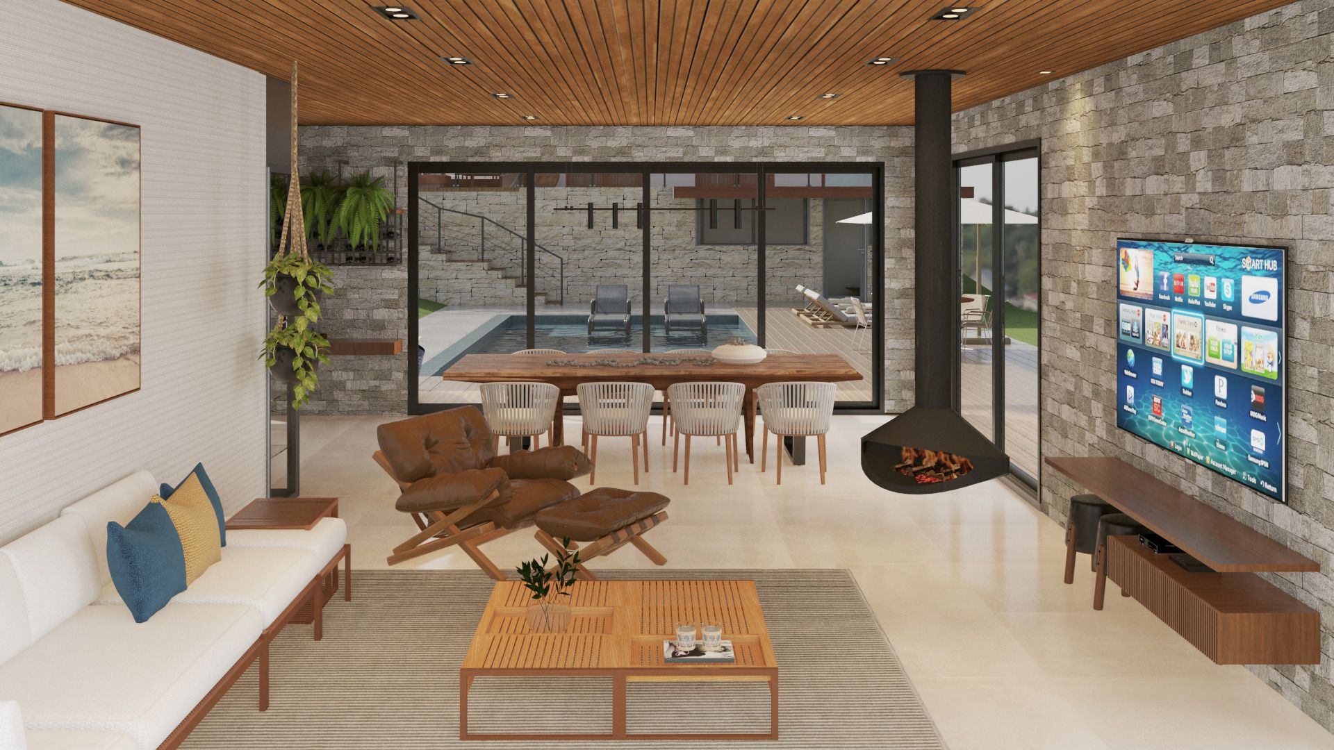 Sala de TV com poltrona mole e lareira suspensa