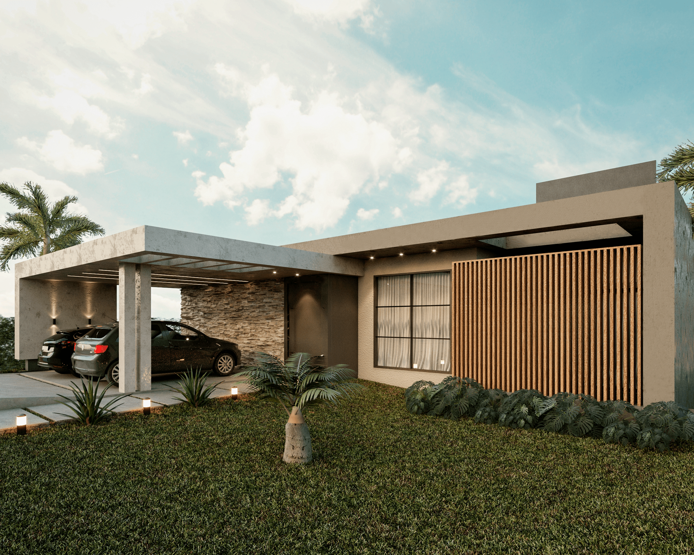 Fachada moderna com estrutura de madeira e varanda acolhedora