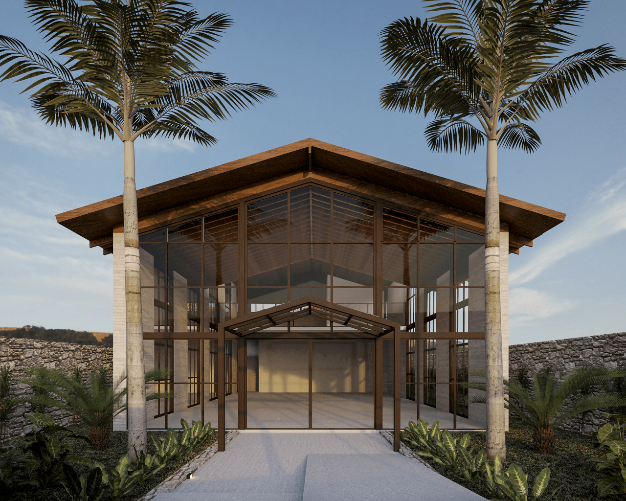Fachada com vidro e alumínio bronze, telhado inclinado com madeira aparente