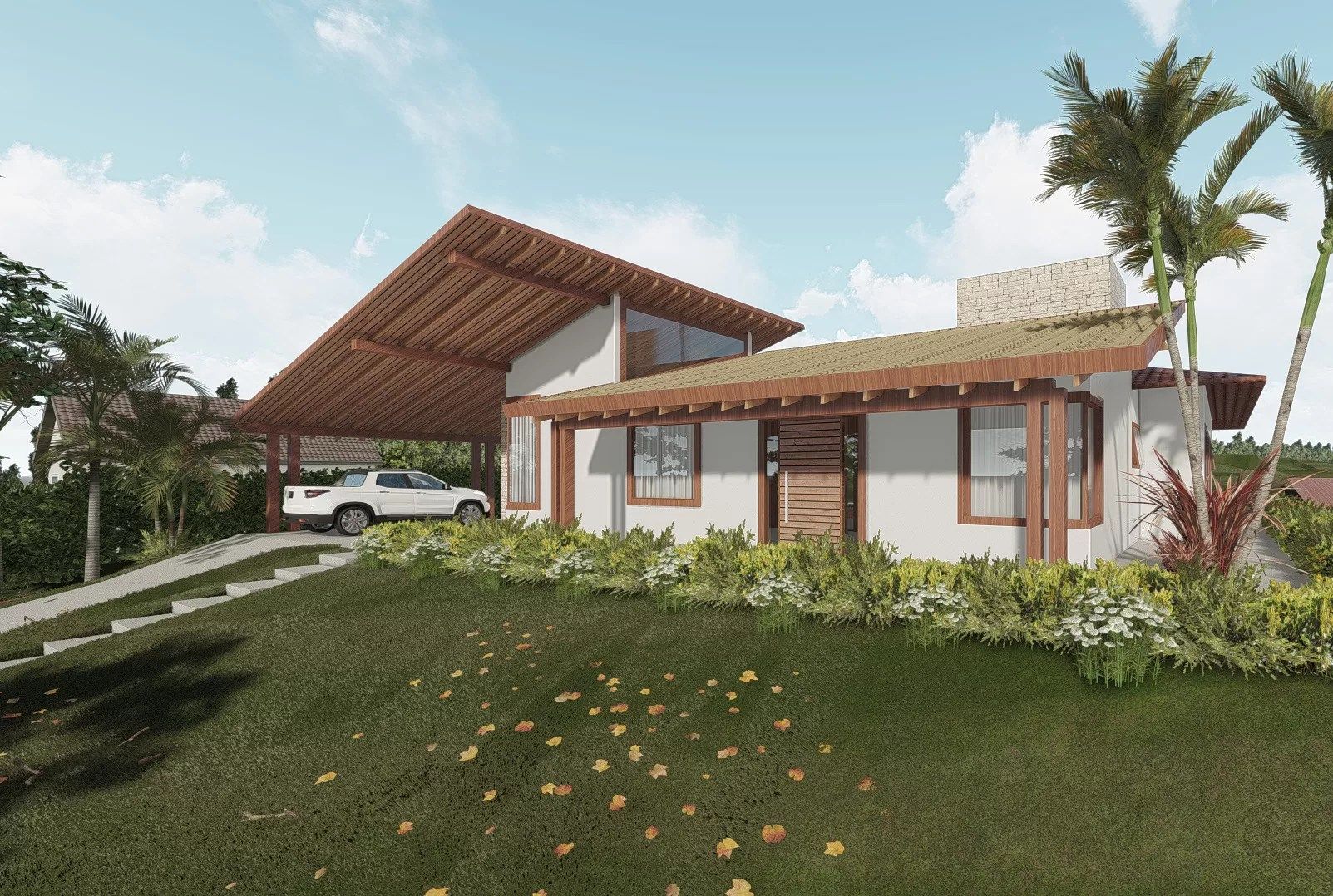 Fachada com telhado de grande inclinação e volumes diferenciados