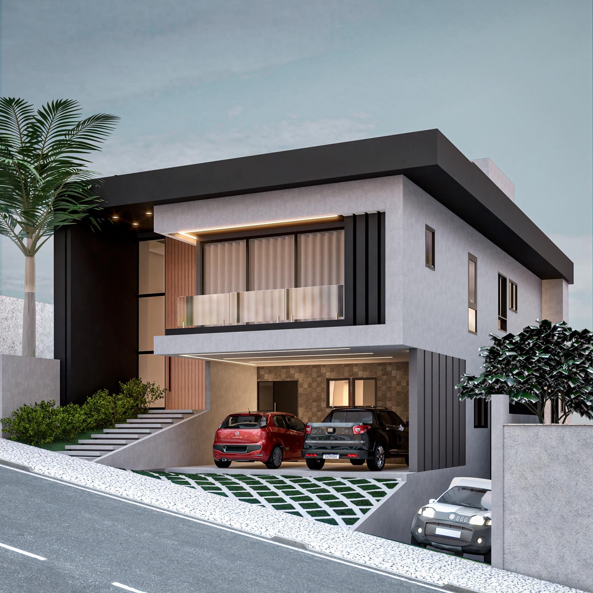 Fachada preta e branca com telhado embutido e iluminação linear