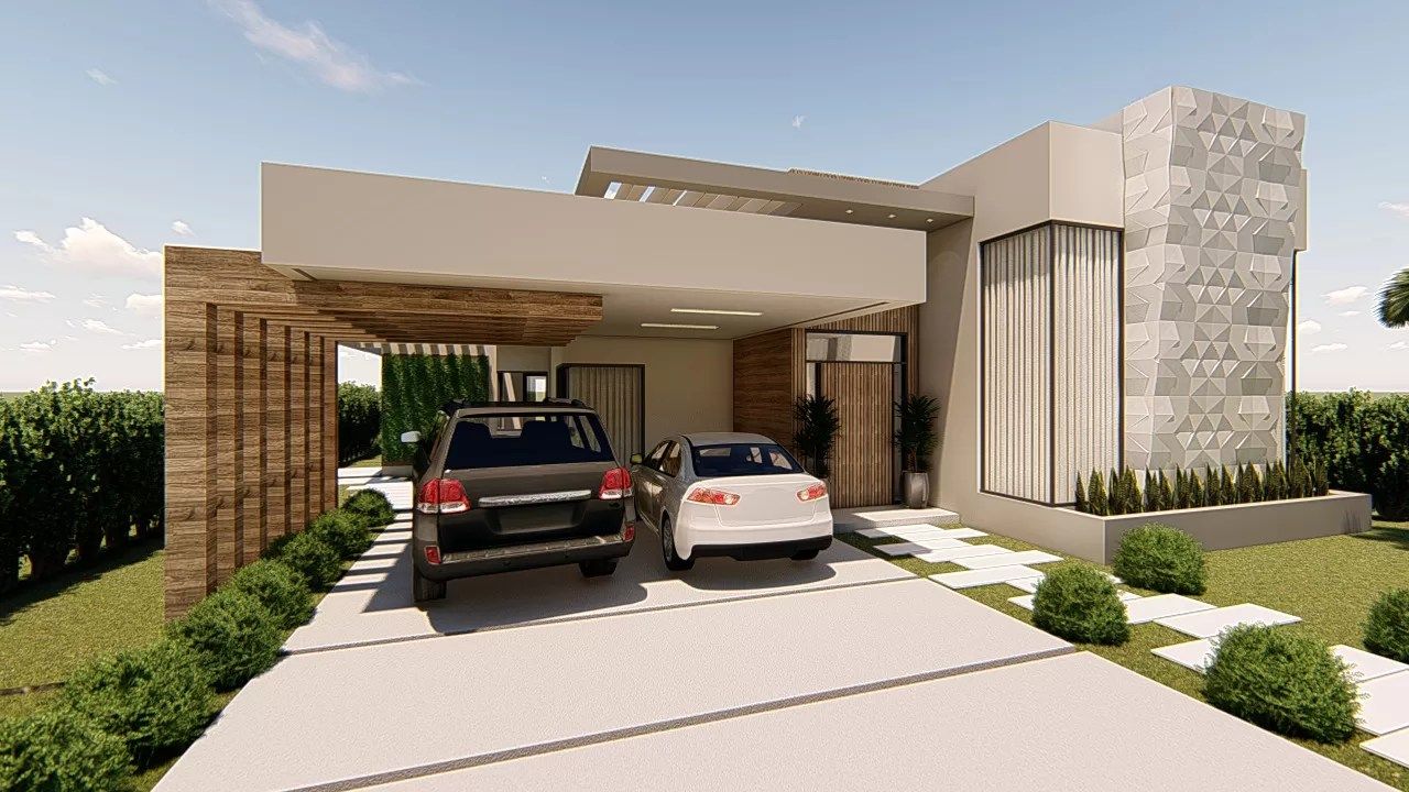 Fachada imponente com pé-direito duplo e revestimento 3D texturizado