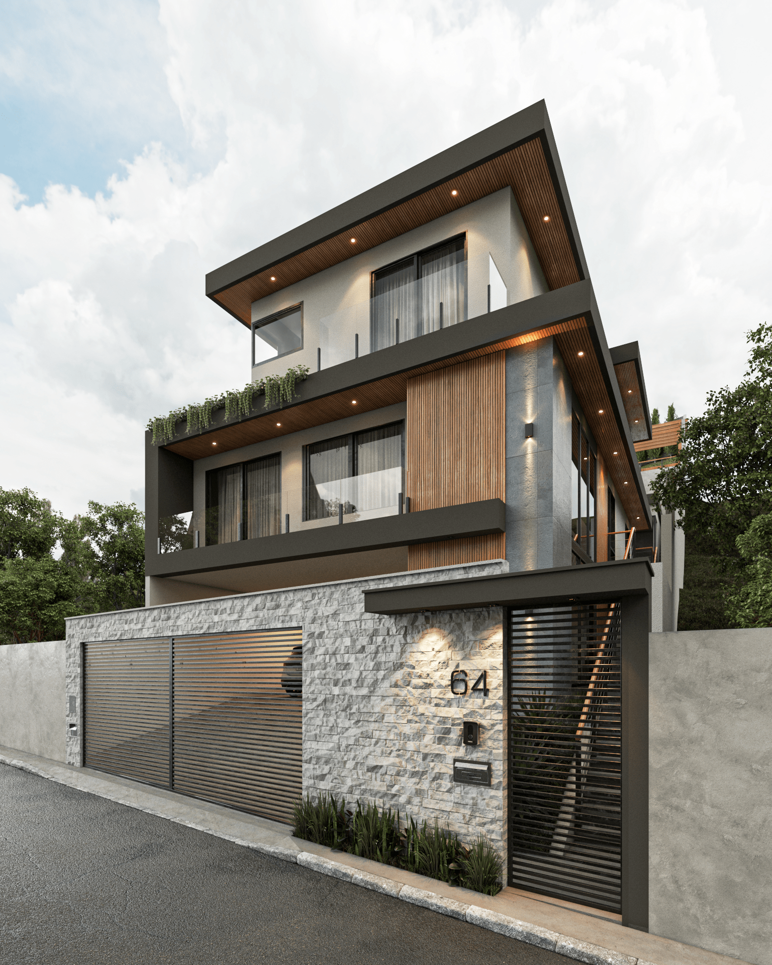 Fachada com detalhes em pedra e madeira integrada ao terreno em aclive