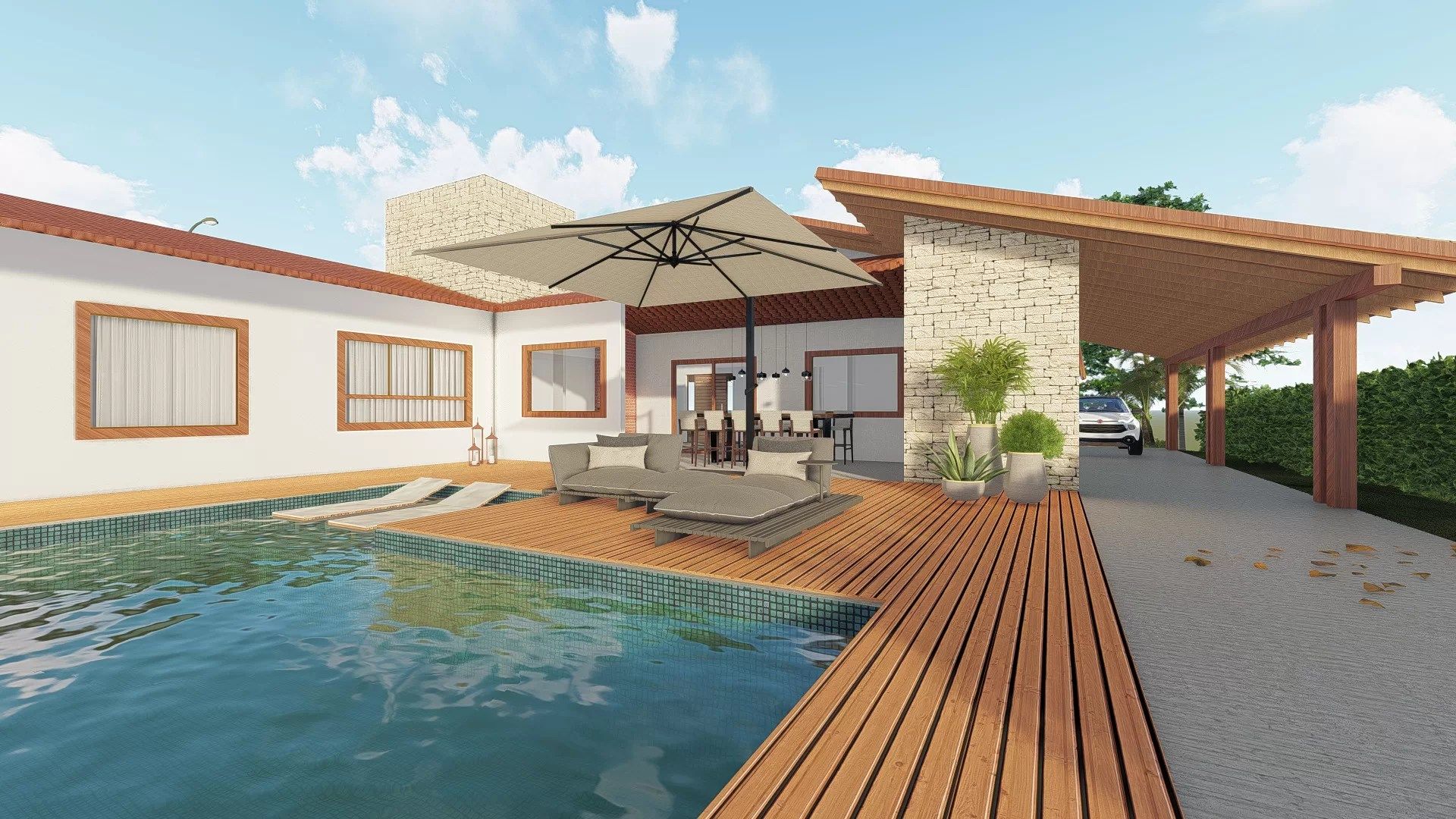 Piscina e área de convivência com vista para o Dom Bosco