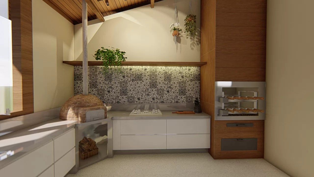 Cozinha gourmet conjugada com sala de TV e acabamentos modernos