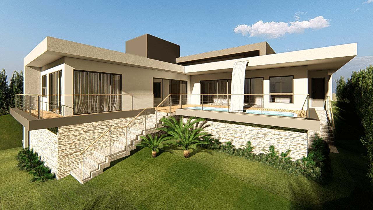 Piscina com cascata e paisagismo integrado ao terreno em desnível