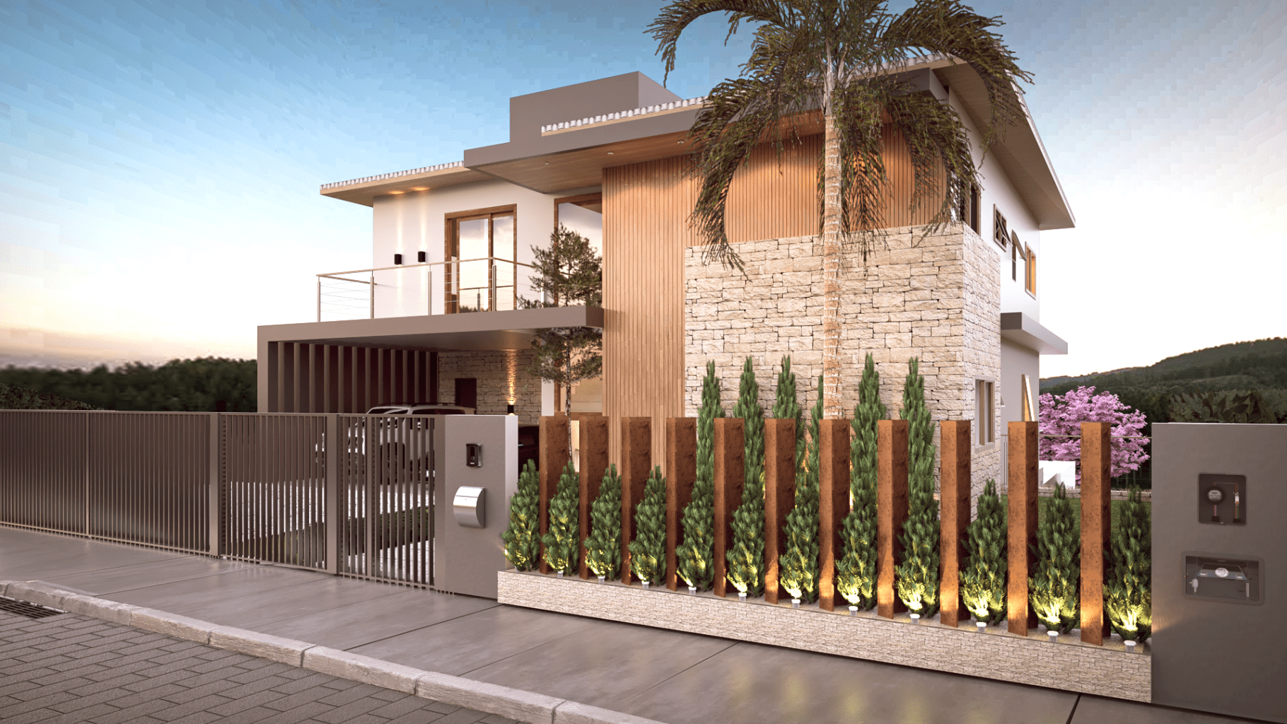 Vista posterior com piscina de borda infinita e sauna panorâmica