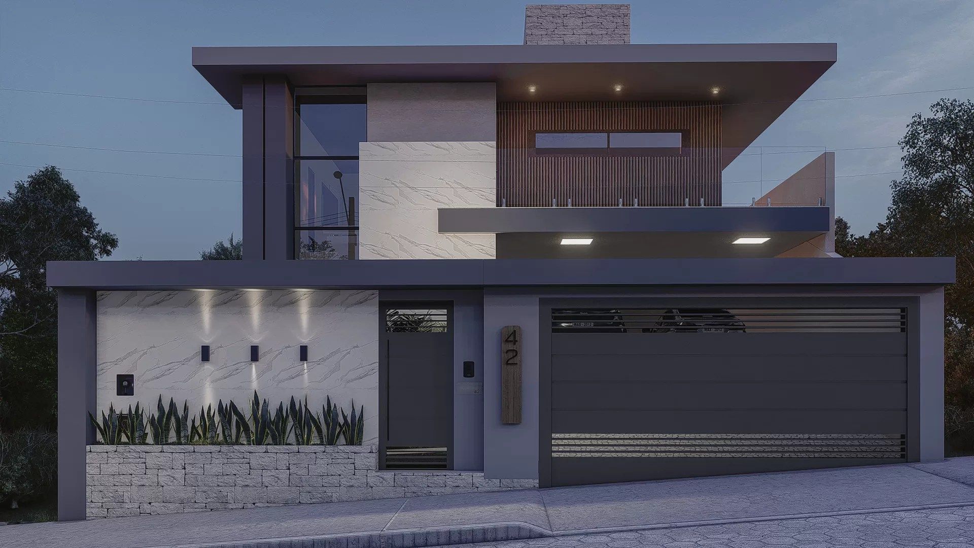 Vista lateral da casa posicionada acima do nível da rua