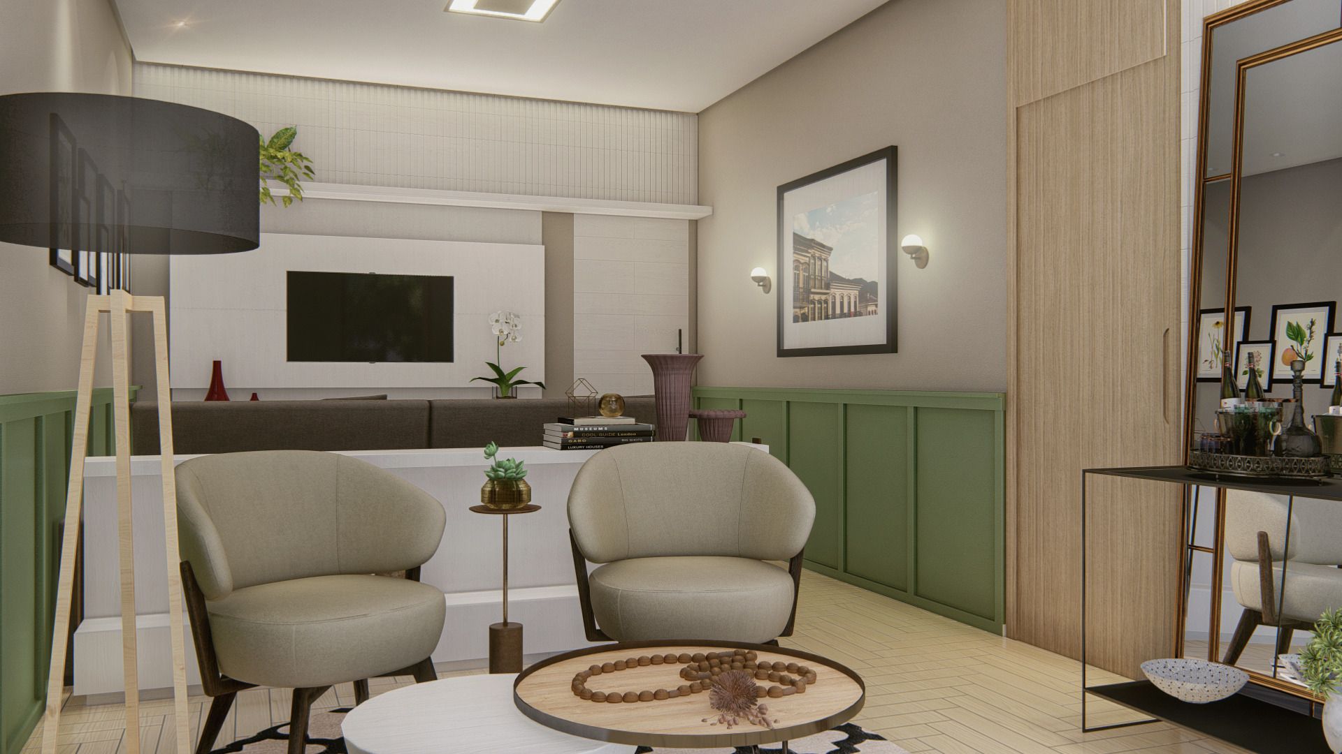 Cozinha compacta integrada à sala de jantar com espelho ampliador