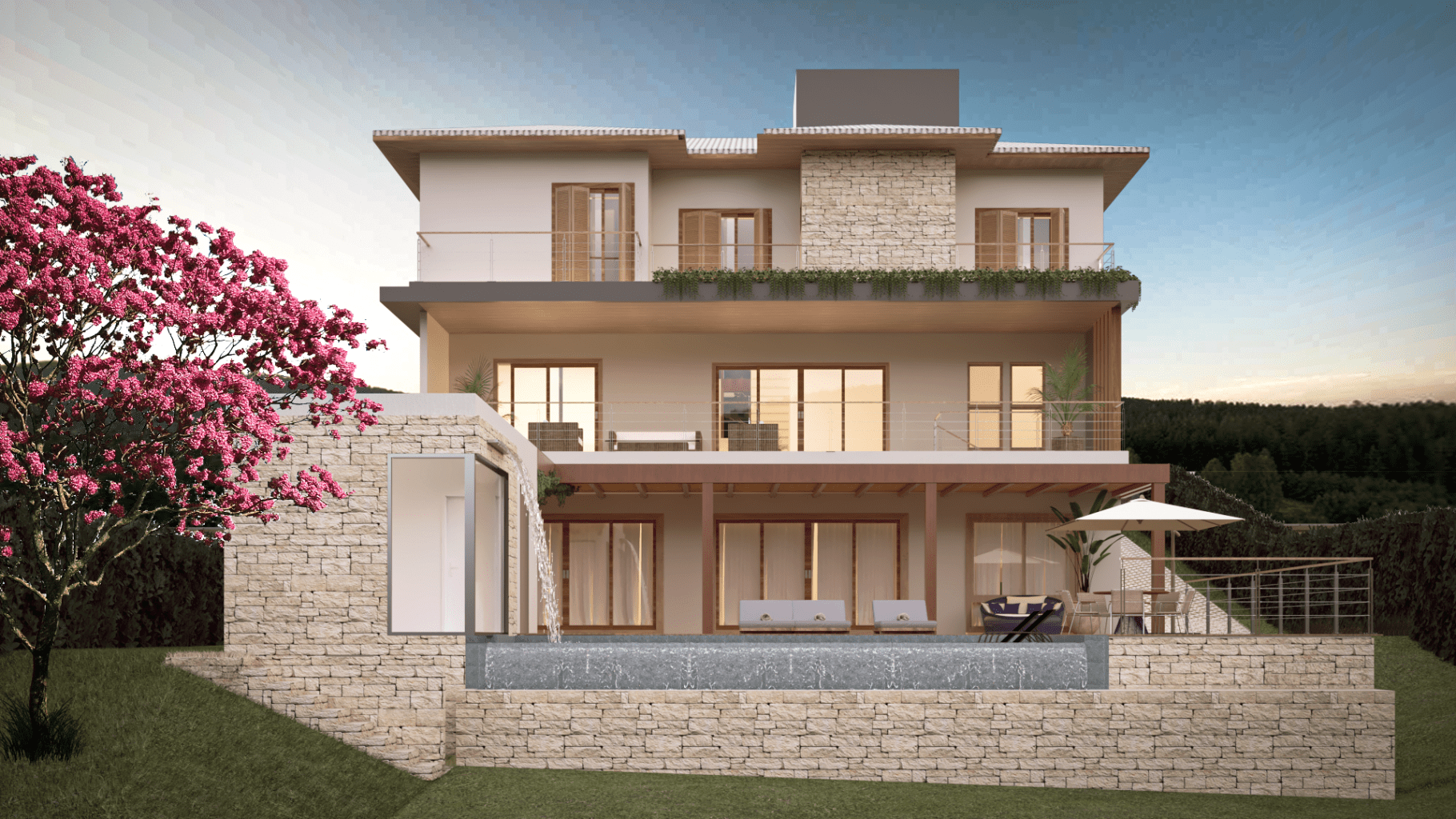 Planta do térreo com área social voltada para a vista dos fundos