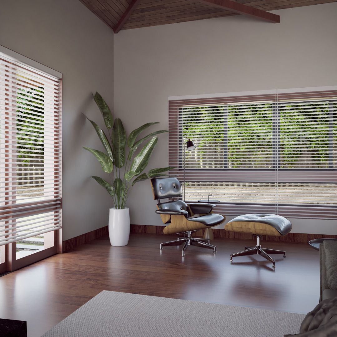 Espaço de leitura junto à janela com vista para a área externa