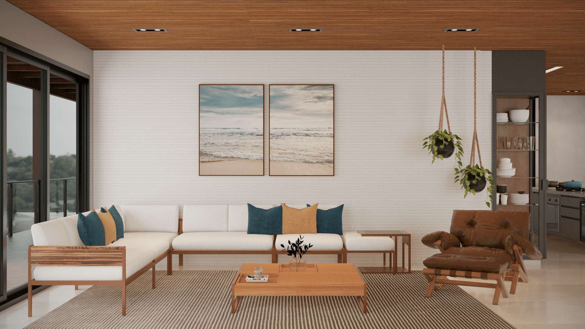 Cozinha gourmet minimalista com vista para a piscina