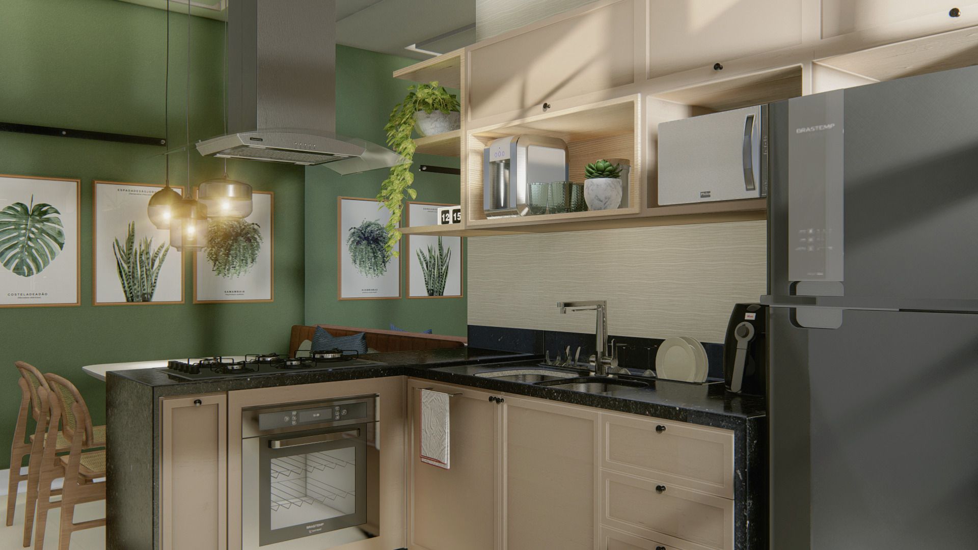 Banheiro com porcelanato de folhagens, metais dourados e granito marrom