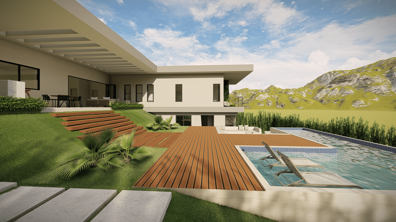 Vista lateral da residência com integração dos espaços externos