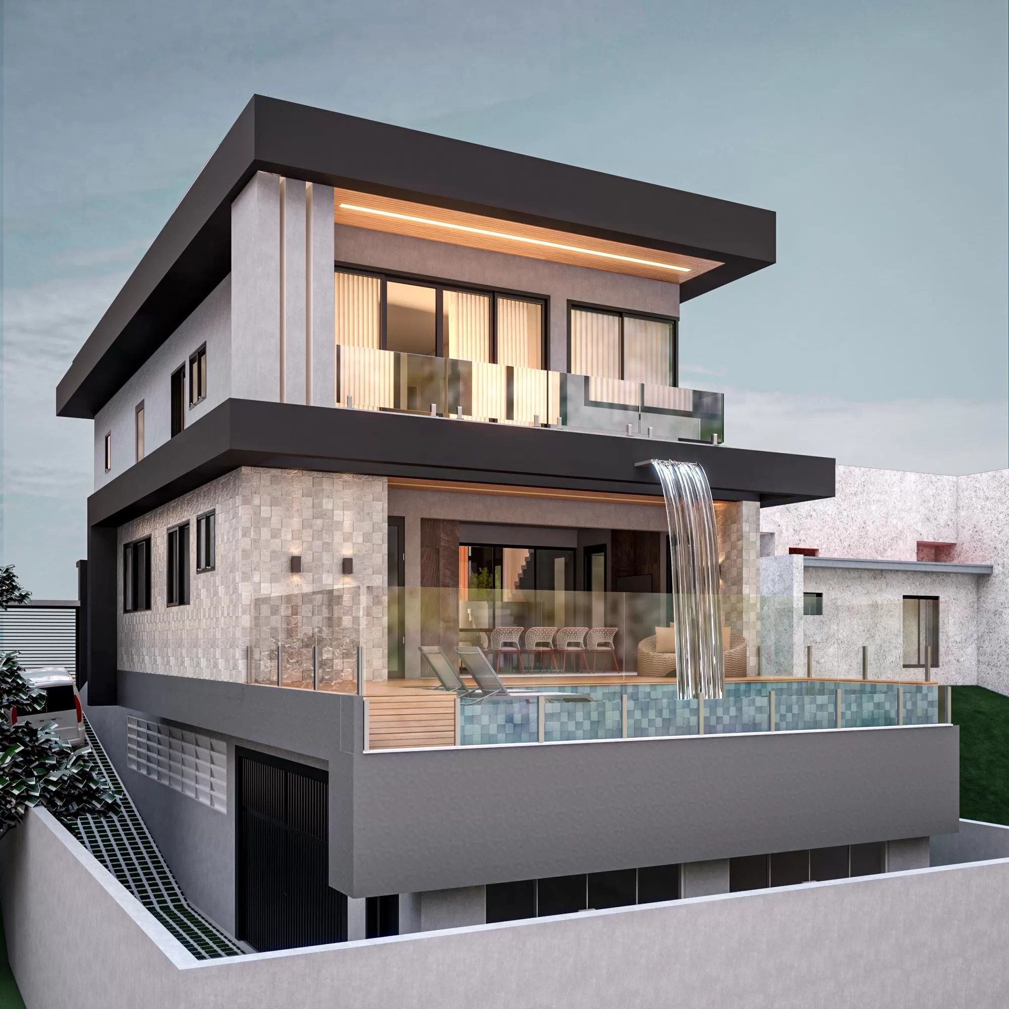 Detalhe da fachada com pedra São Tomé cinza e linhas retas