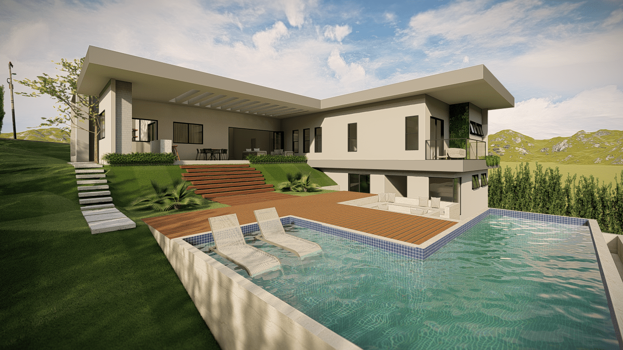 Área de lazer com fogueira de chão e sauna ao fundo