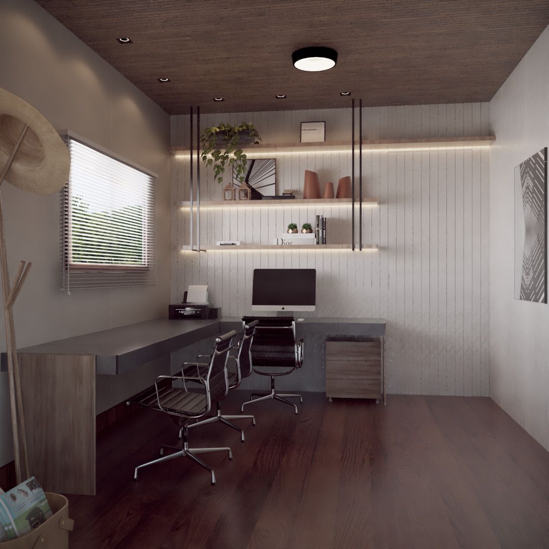 Mesa do home office com gavetas e prateleiras decorativas iluminadas