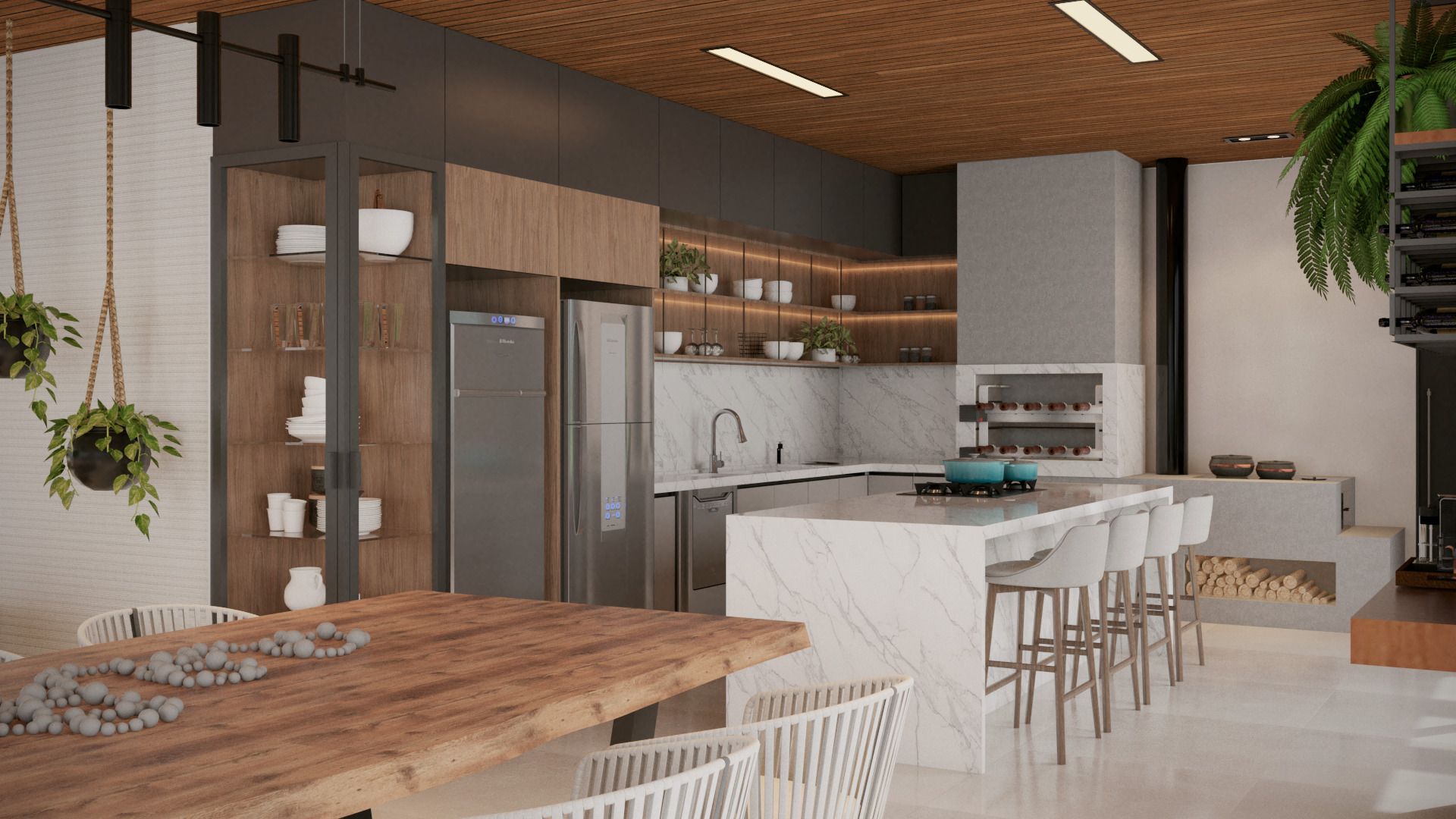 Varanda coberta por pergolado com forro de esteira de bambu