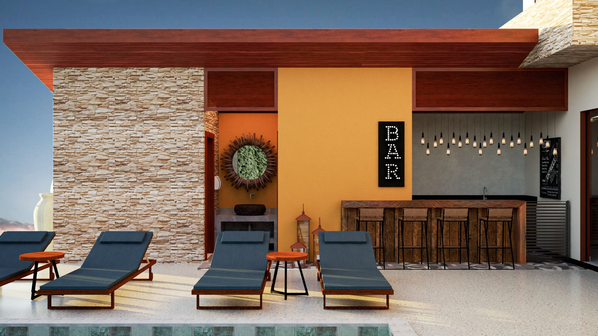 Banheiro da suíte com revestimento natural e metais escuros