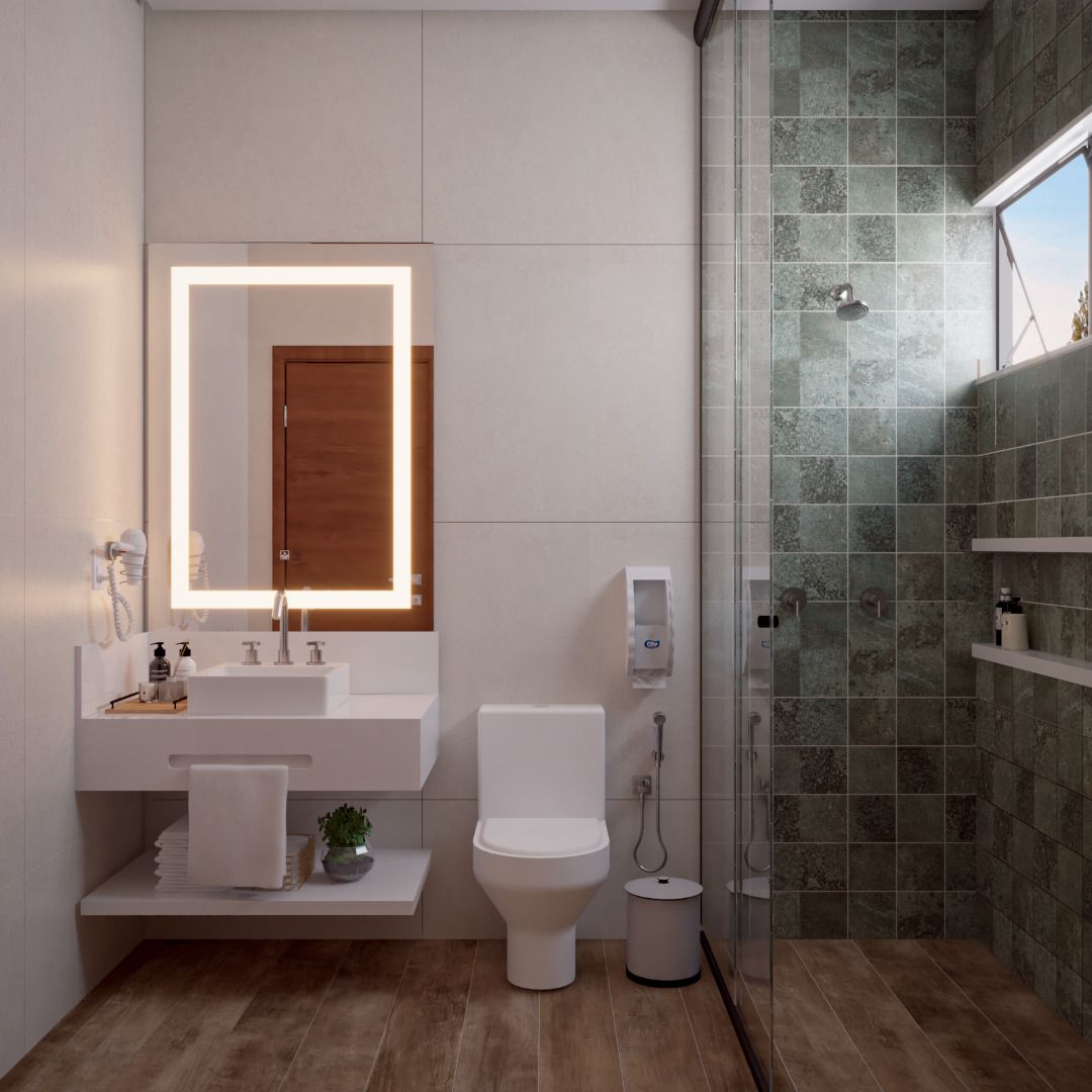 Corredor de acesso aos quartos com iluminação indireta