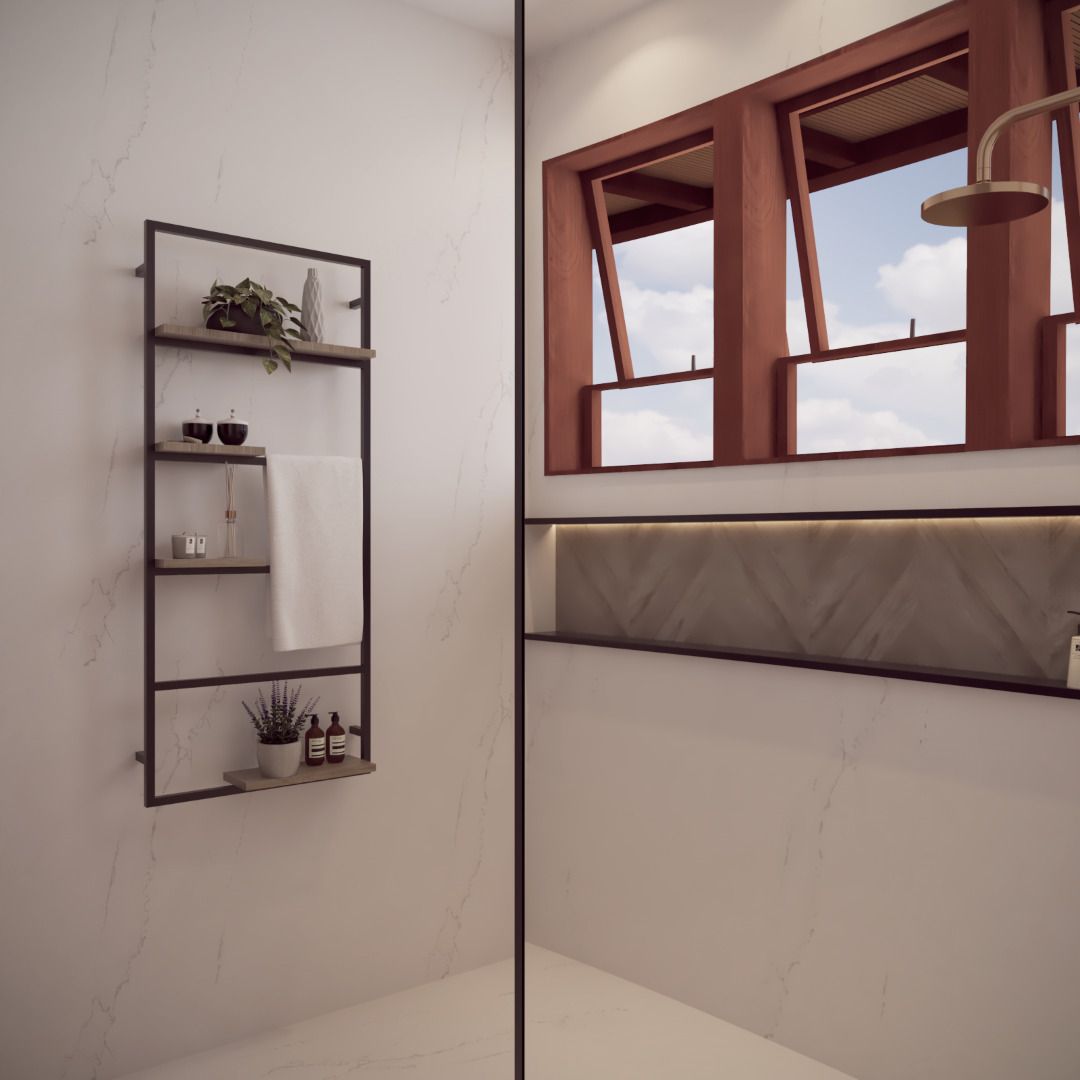 Vista lateral da área de lazer com volumetria moderna