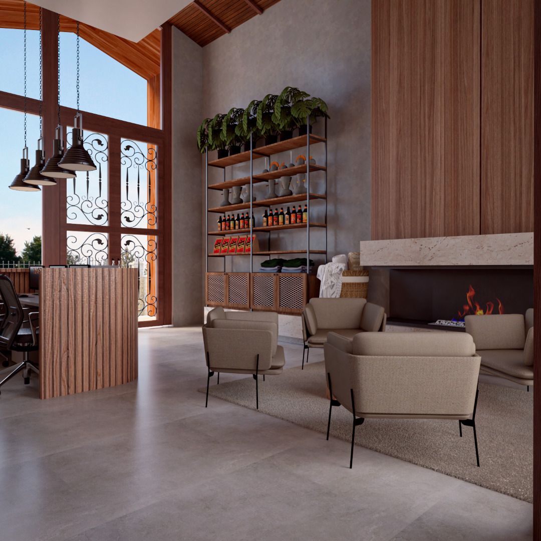 Espaço de convivência com lareira e poltronas de leitura