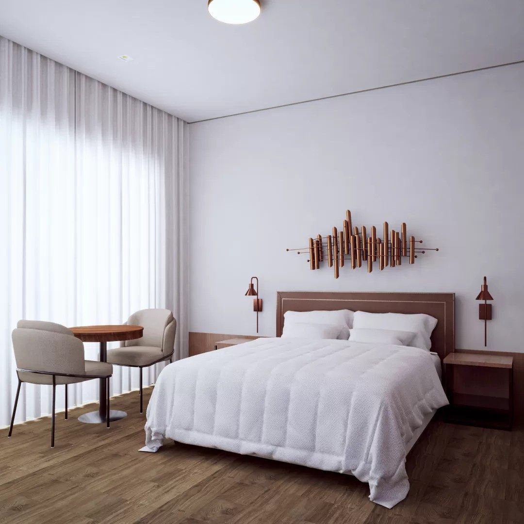 Área externa com deck de madeira e mobiliário de jardim